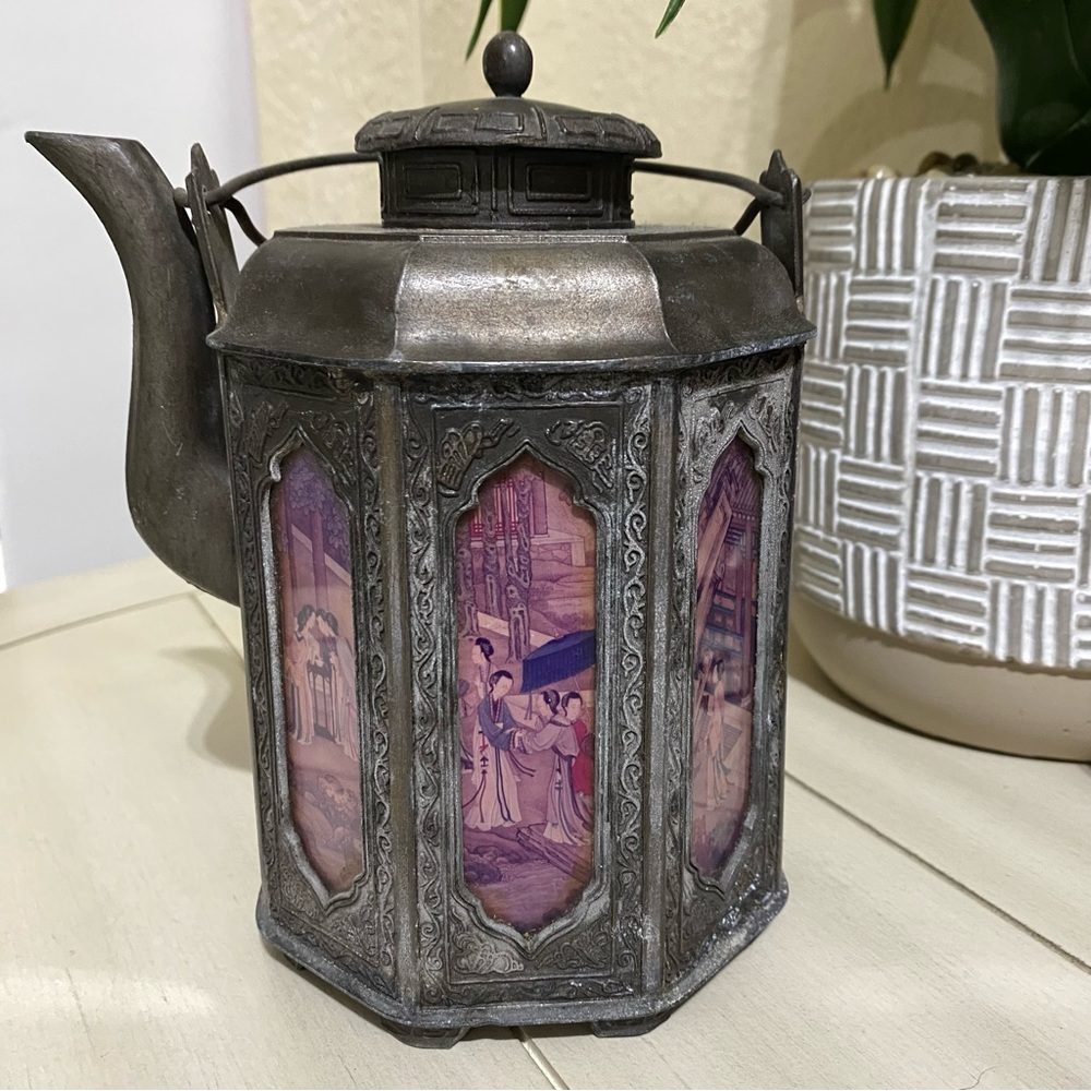 Antique Hand Tooled Octagonal Chinese Teapot w/ Hand Painted Scenic Glass Panels